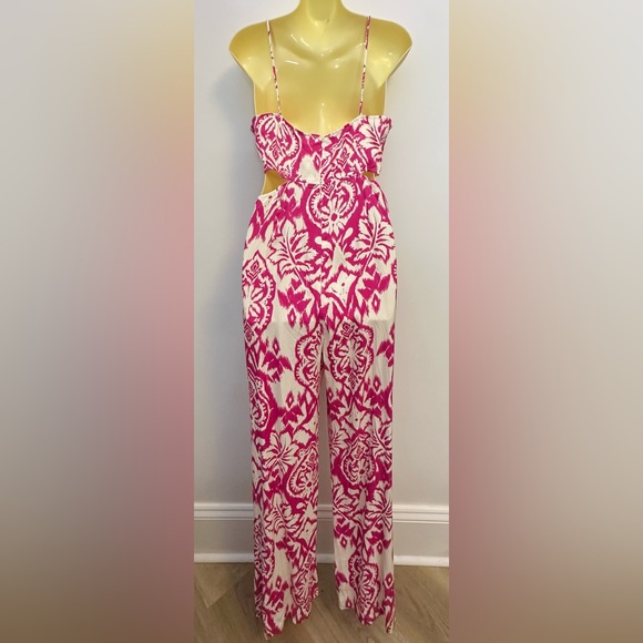 NWT Zara Pink and White Ikat Wide Leg Jumpsuit size S - Picture 2 of 9